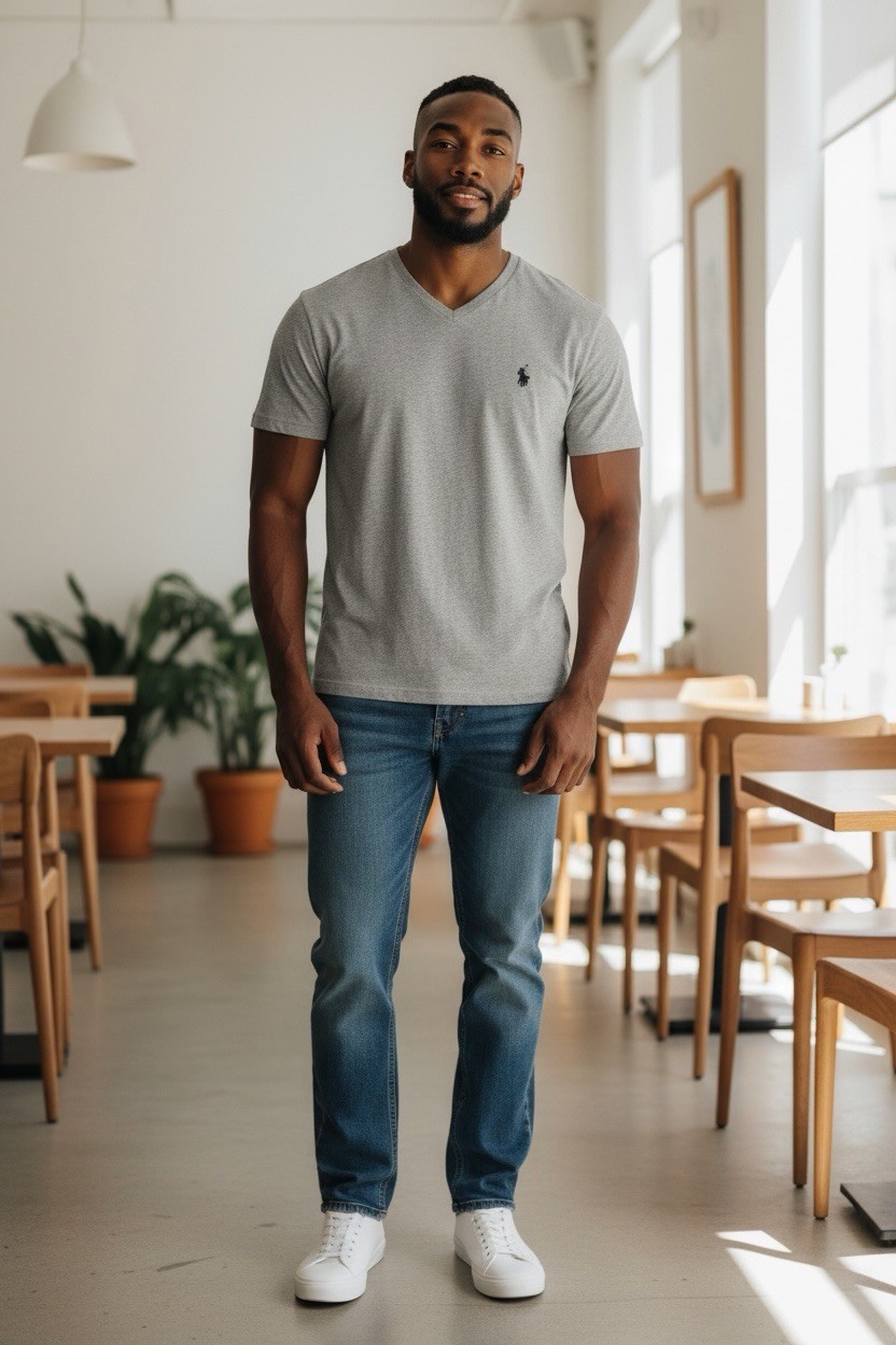 U.S. Polo Assn. Men’s Gray V-Neck Short Sleeve Cotton Blend Logo Tee L