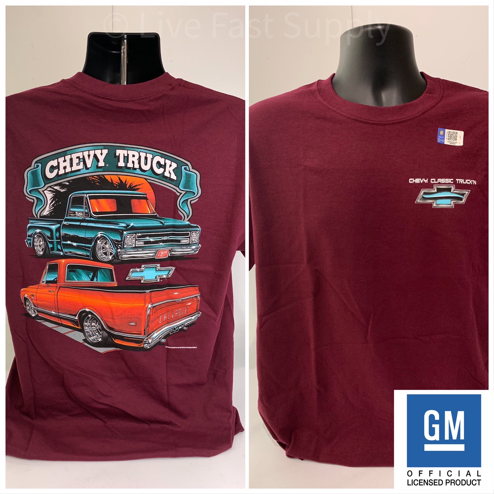 1967-72 Chevy C10 Pickup T-Shirt - Maroon w/ Orange & Teal Trucks (Licensed) gallery