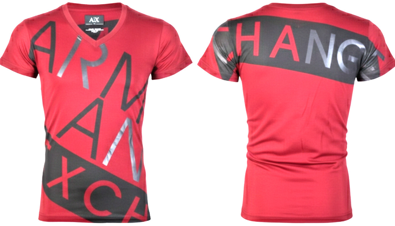 ARMANI EXCHANGE Red Black BIAS Short Sleeve Slim Fit Designer V-NECK T-shirt NWT gallery