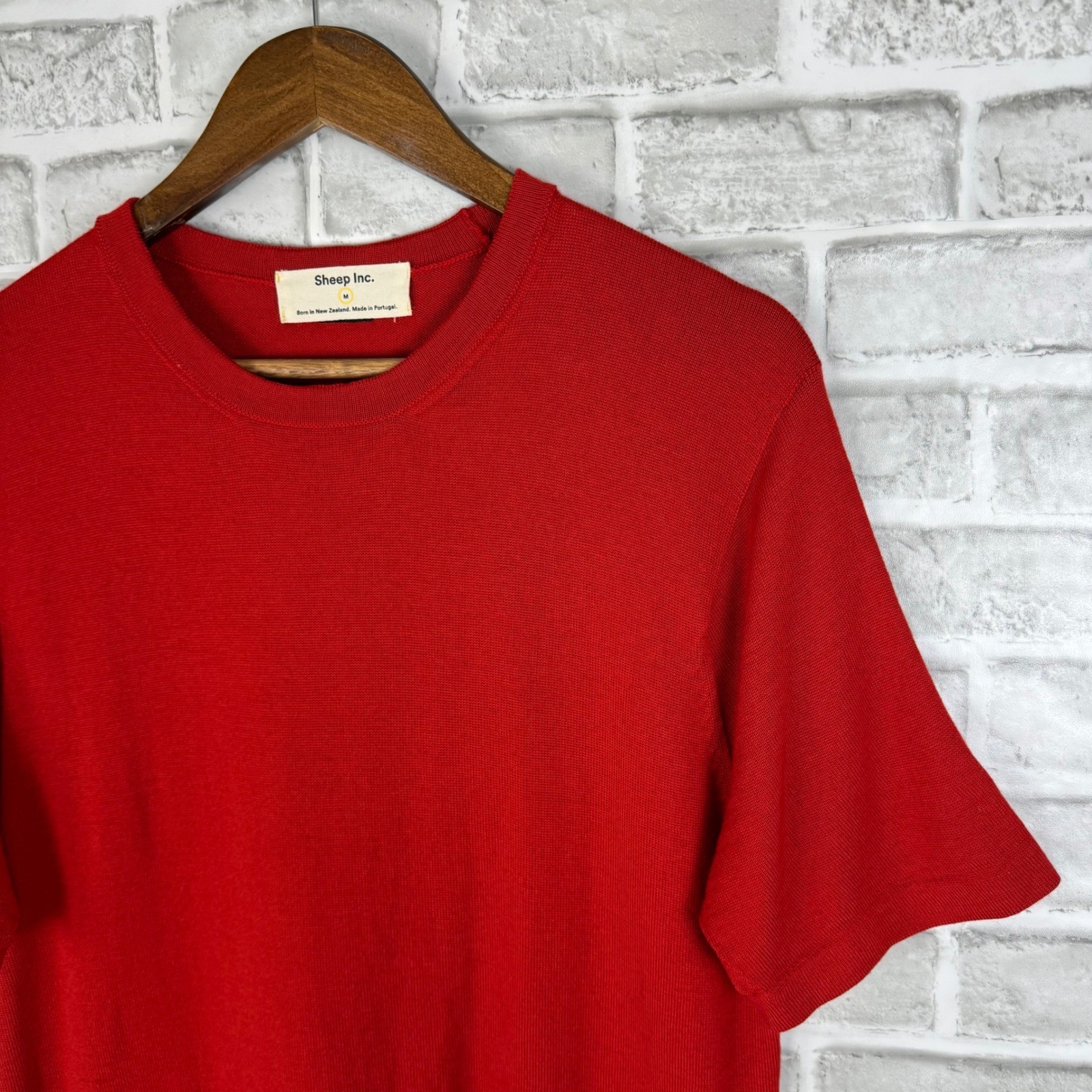 Sheep Inc Mens MEDIUM Ultra-Fine Merino Wool Knit T-Shirt Red Traceable Portugal gallery