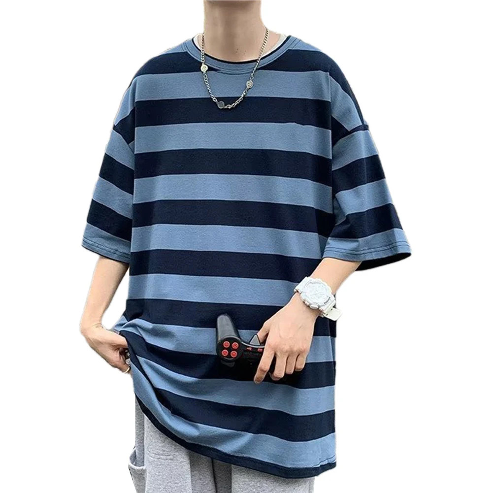 Men O Neck Short Sleeve Wide Striped T-Shirts Casual Loose Fit Blouse Tops Tee gallery