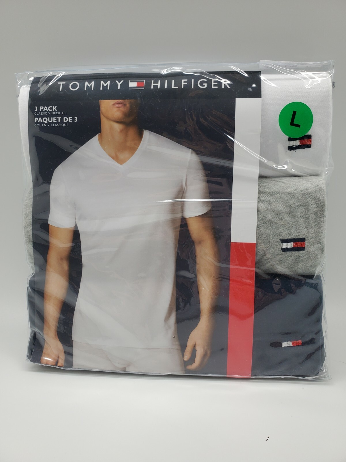 TOMMY HILFIGER 3-Pack Men’s S/M/L Logo V Neck White/Black/Gray T Shirts $39.50