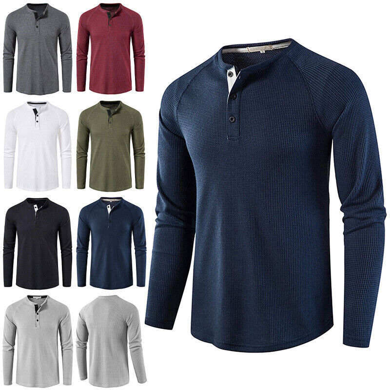 Mens Casual Henley T-shirt Solid Slim Fit Button Pullover Long Sleeve Tops Tunic gallery