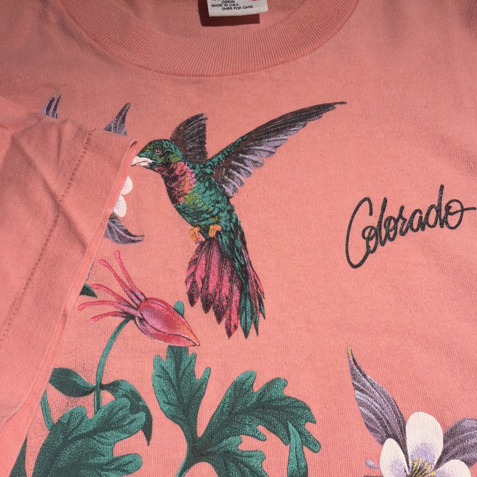 Vintage Hummingbird Bird Nature Flowers Art Shirt Medium Colorado USA 90's gallery