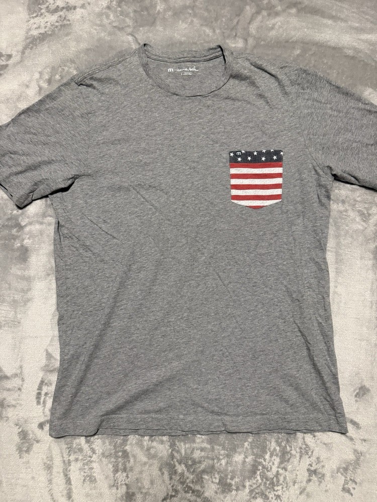 Travis Mathew Shirt Men Large Gray American Flag Pocket T-Shirt USA Pima Cotton