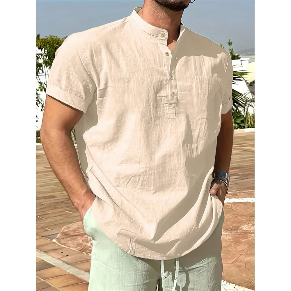 Summer Breathable Cotton Linen Henley Neck T Shirt Lightweight Casual Top Gift gallery