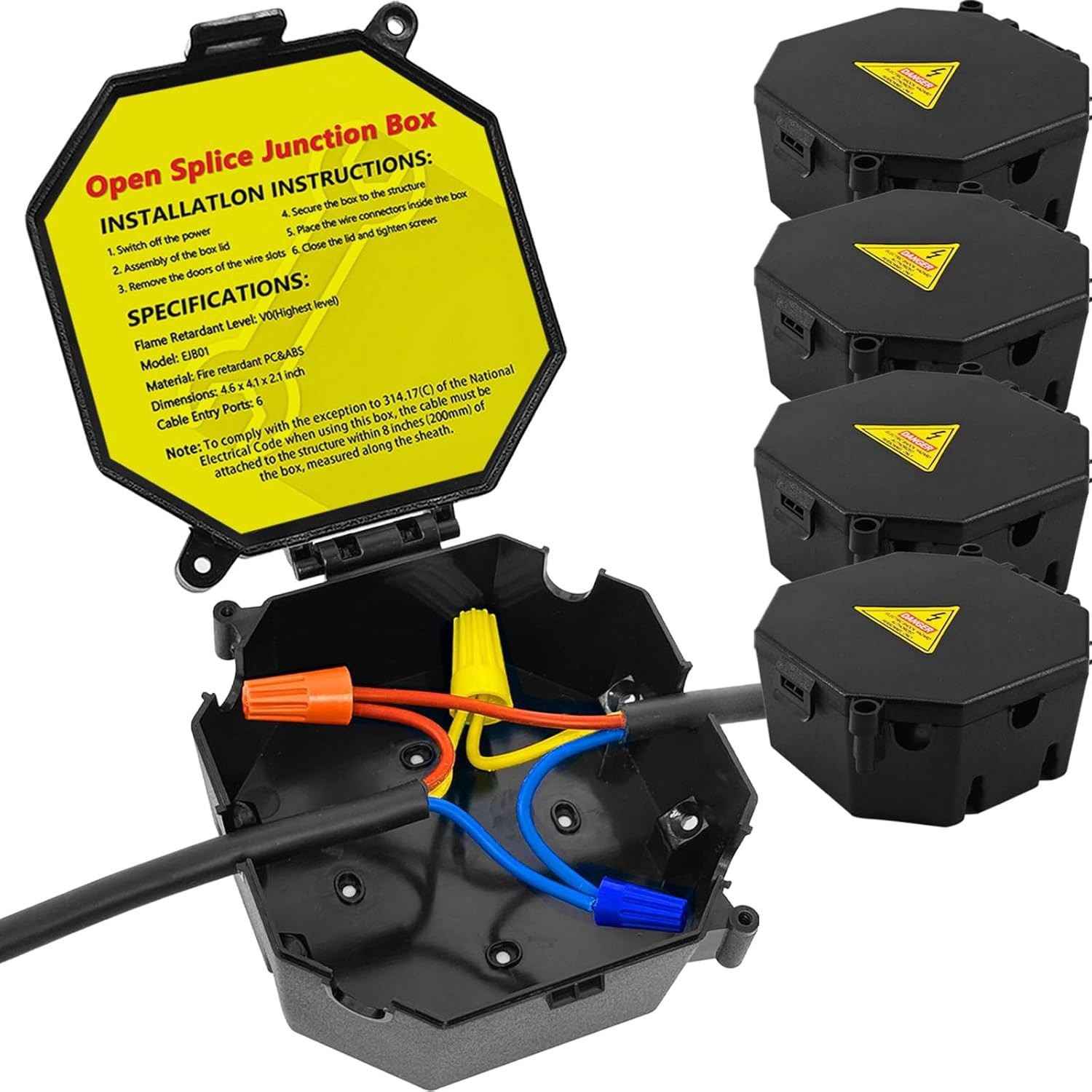Effortless Installation Black Junction Box 4-Pack with V0 Flame Resistance