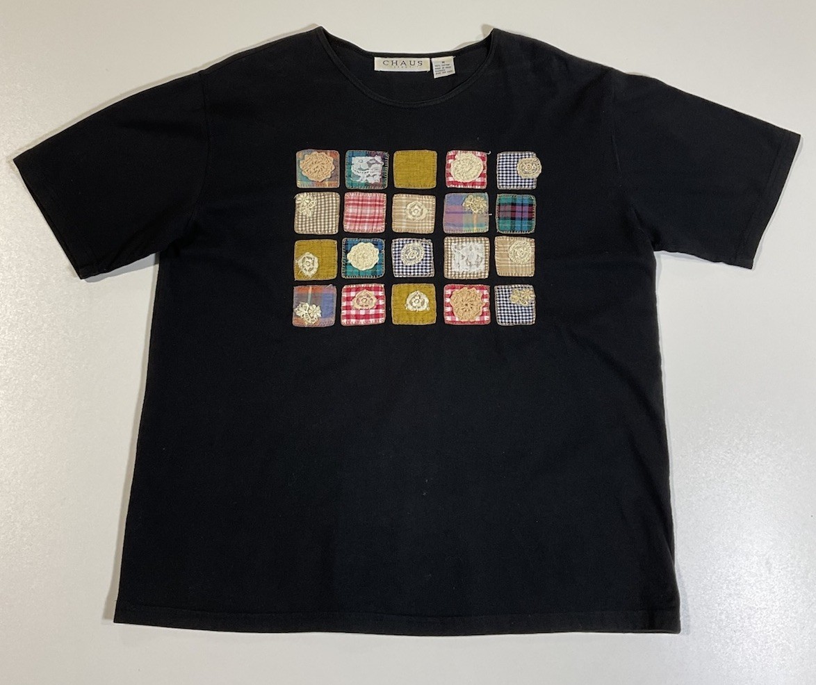 Vintage Chaus Patchwork Art T Shirt Sz M Cottagecore Grandma Lace Floral 90s gallery