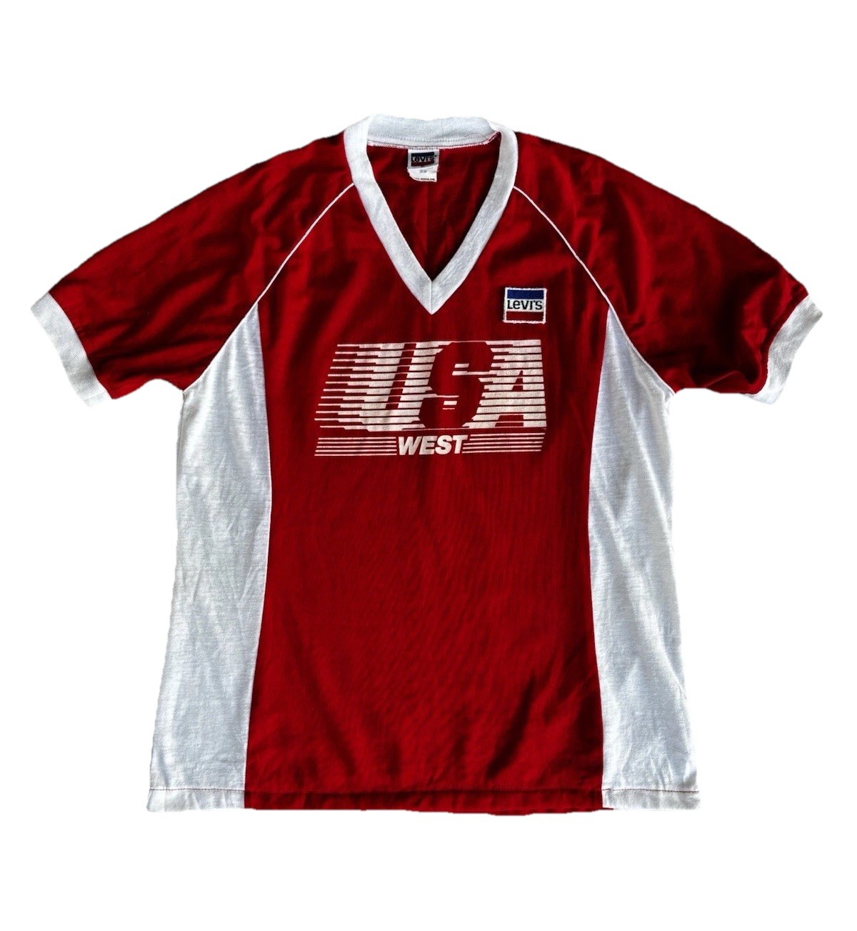 Levi’s Vintage 1984 USA West LA Olympics V-neck Ringer Collar Tee XL 22” X 27” gallery