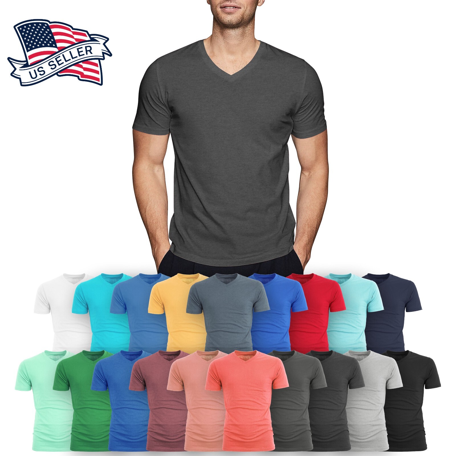 Mens V Neck T Shirt Short Sleeve Slim Fit Casual Plain Tee Top Soft Cotton gallery