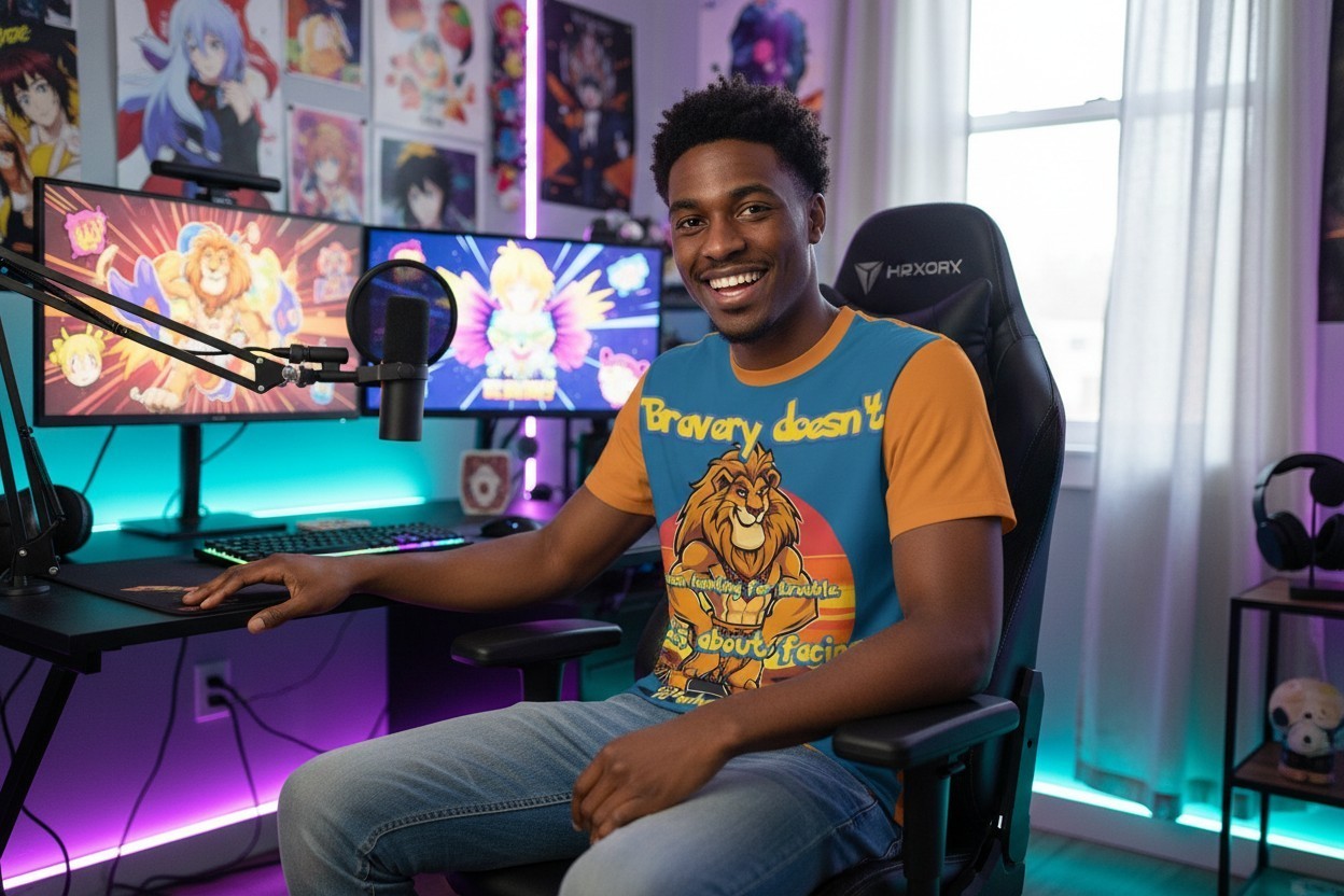 Lion Gamer Shirt | Bravery Quote Tee | Cartoon Graphic T-Shirt | Animal clothing gallery
