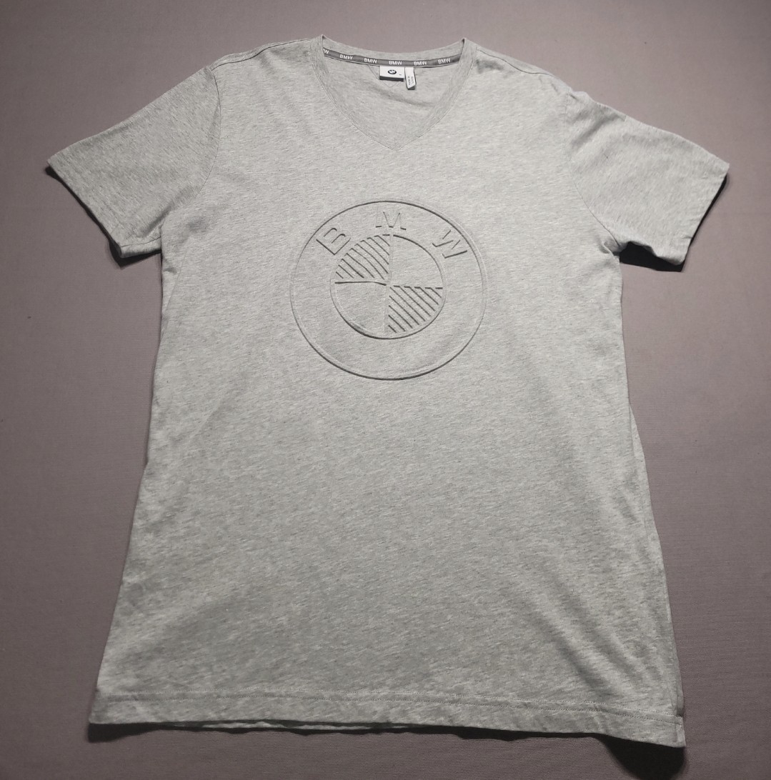 BMW Men’s M Gray V-Neck T-Shirt Tonal Raised Logo 100% Cotton Made Turkey