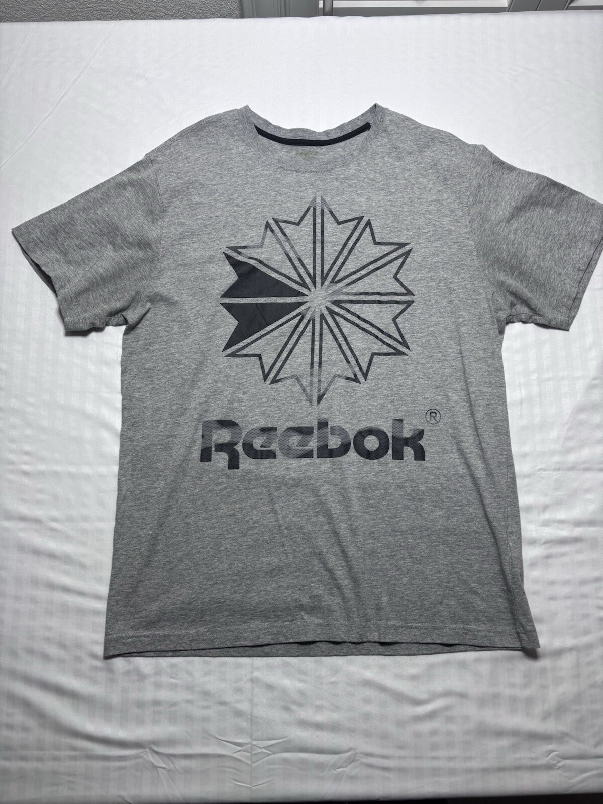 Reebok Spell Out Logo Sports Athletic Gray Short Sleeve Shirt Men’s Size Large gallery