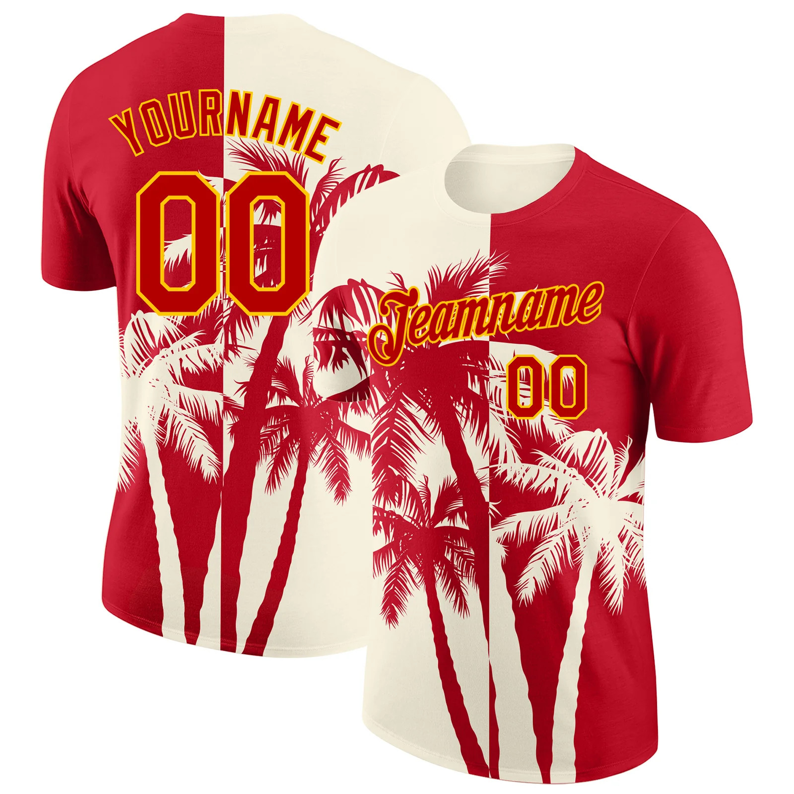 Custom Red Cream Yellow Hawaii Palm Tree T-Shirt Tropical Summer Beach Mens