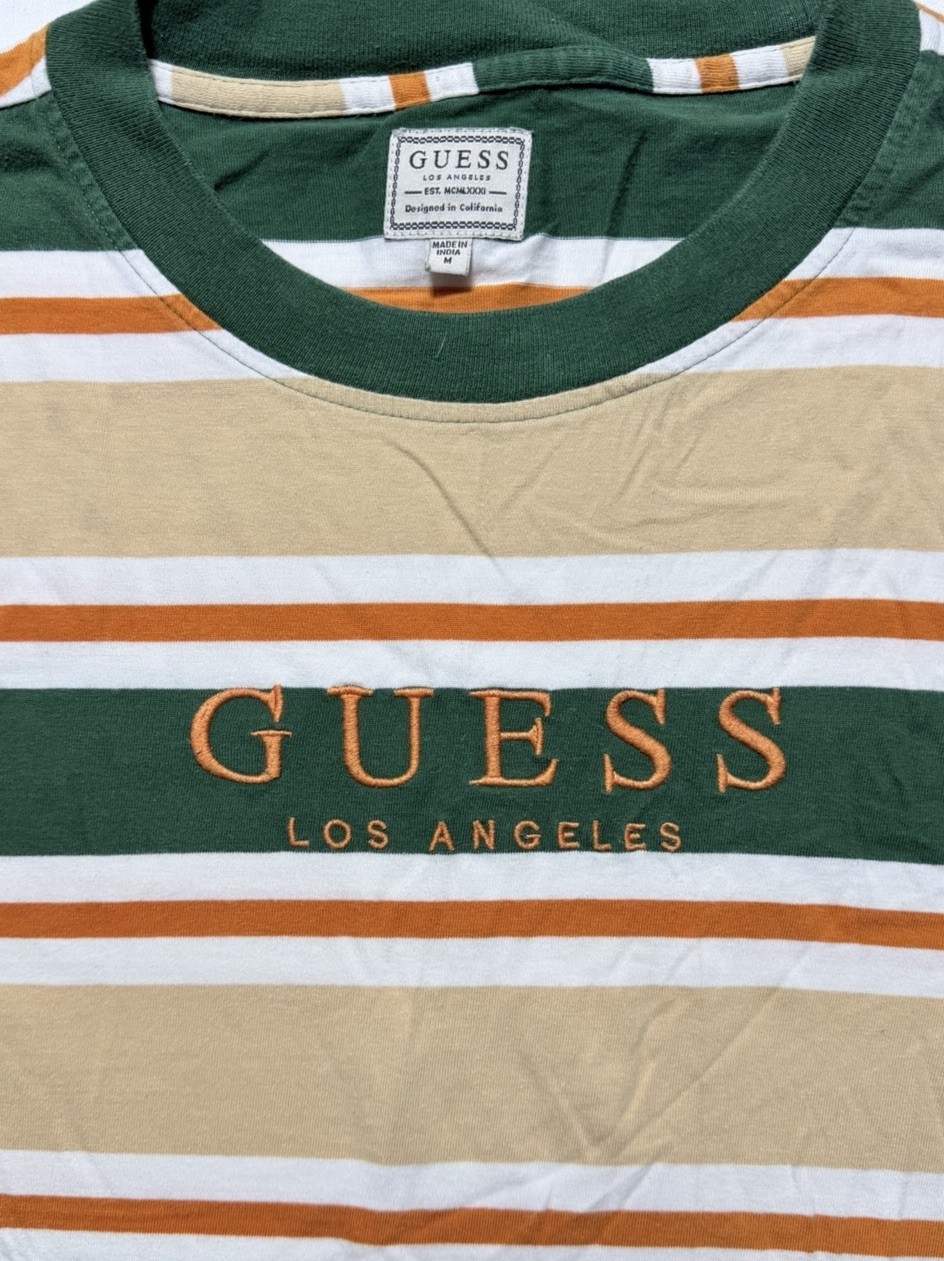 Guess Los Angeles Striped T Shirt Mens Size M Made in India VTG Green Orange Y2K gallery