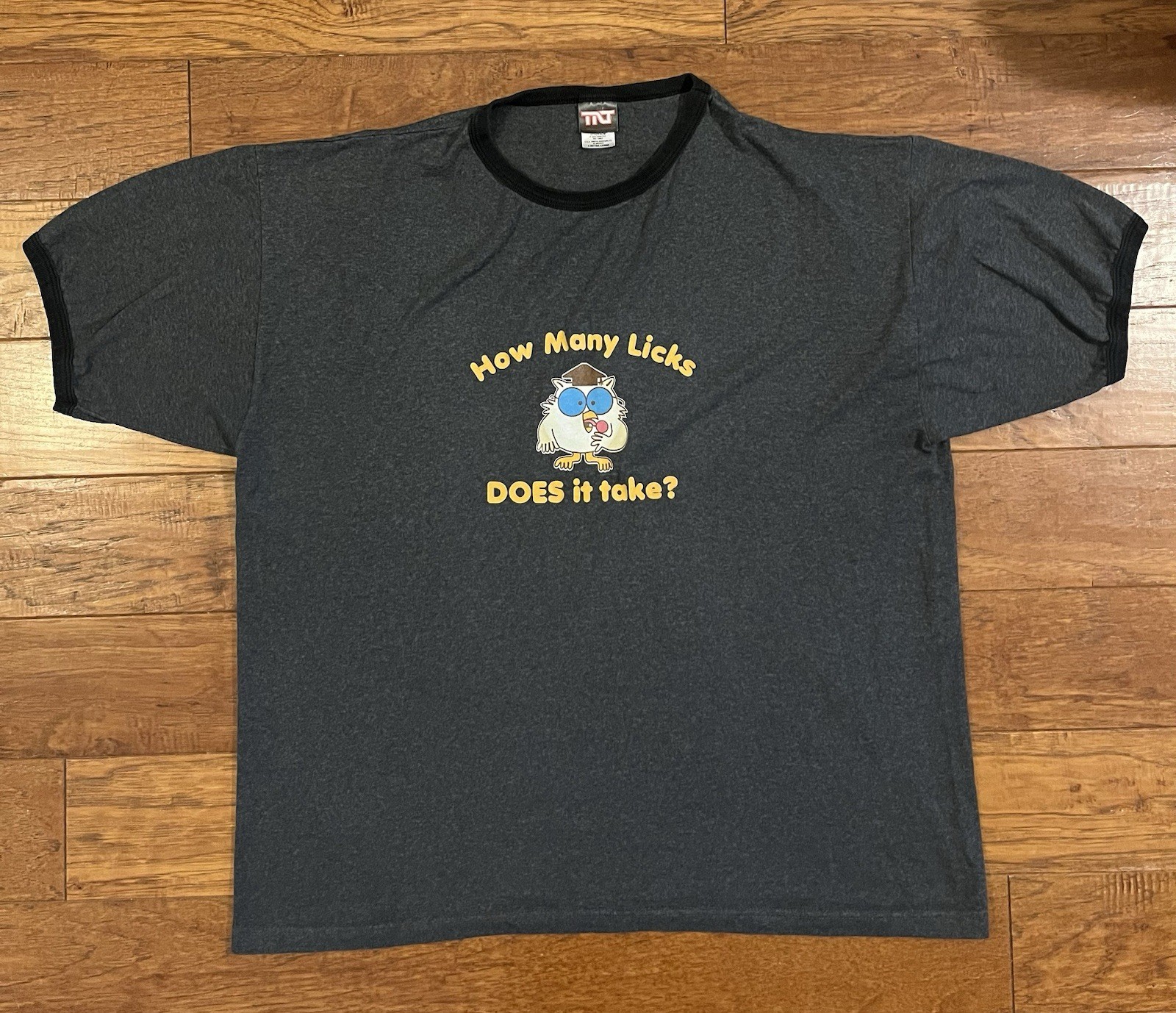 VTG How Many Licks Does It Take - Mr. Owl Tootsie Pop Gray Ringer Tee - Size 2XL gallery