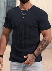 Men’s Slim Fit Textured Knit Short Sleeve Shirt Stretch Ribbed Crewneck Tee S-XX