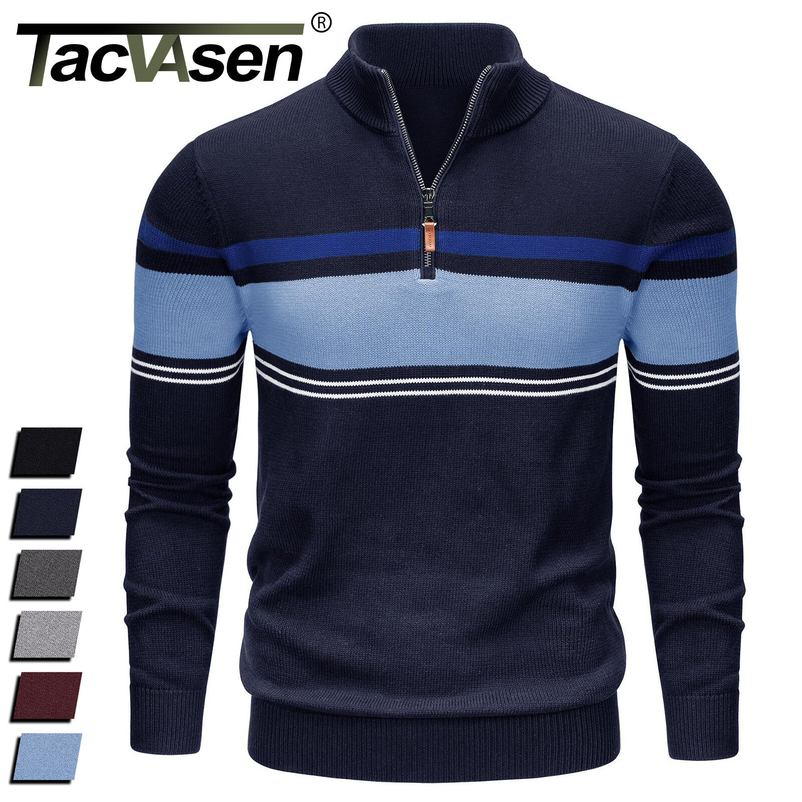 Mens Long Sleeve Sweater 1/4 Zip Winter Warm Casual Fleece Pullover Striped Polo