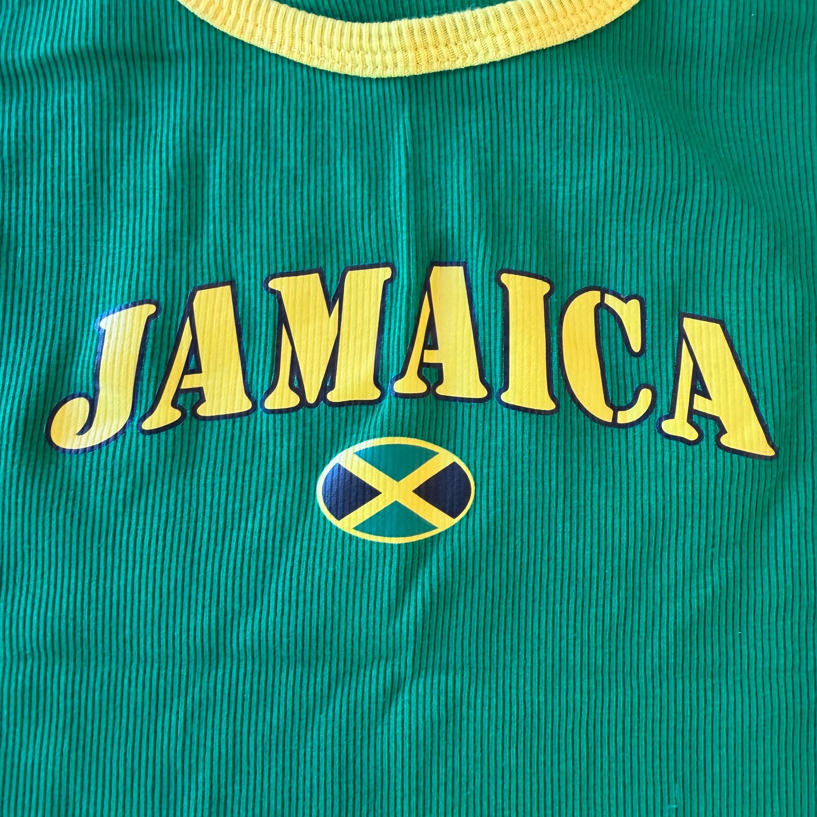 Knit Knot Jamaica Ribbed Tank Top Green Yellow Trim Flag Graphic Size XXL gallery
