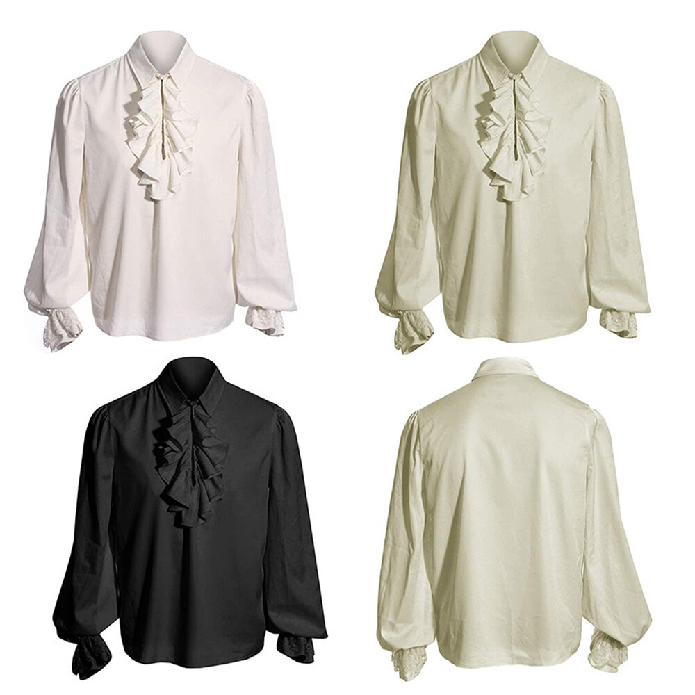 Mens Victorian Medieval Shirt Long Puff Sleeves Ruffle Collar Tops Blouse Basic gallery