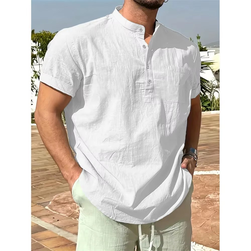 Men’s Cotton Linen Henley Shirt Summer Breathable Casual T-Shirt Tee Casual Gift gallery