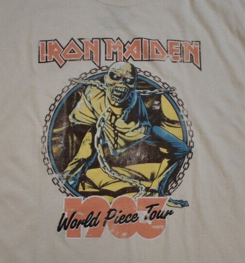 Global Mens Iron Maiden World Piece Tour Retro Graphic Cream Shirt NWT Large gallery