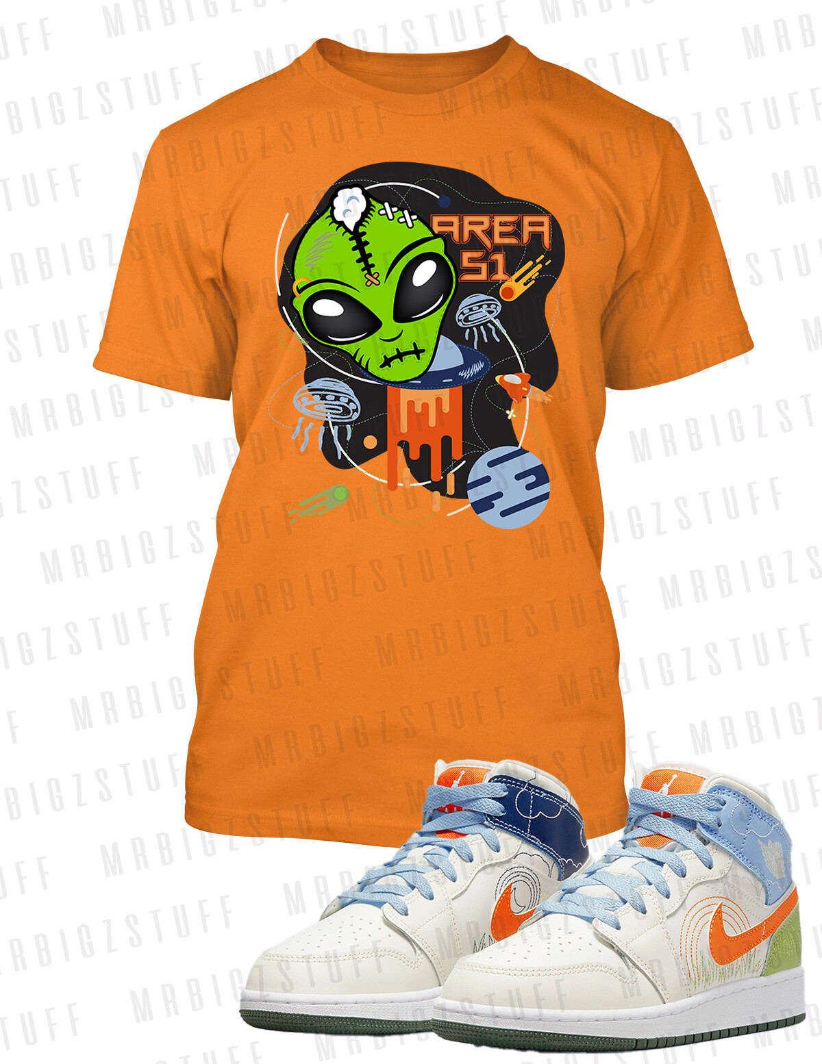 J1 KO Orange Graphic Sneaker Tee Shirt Area 51 Alien Halloween Pro Club Shaka T gallery