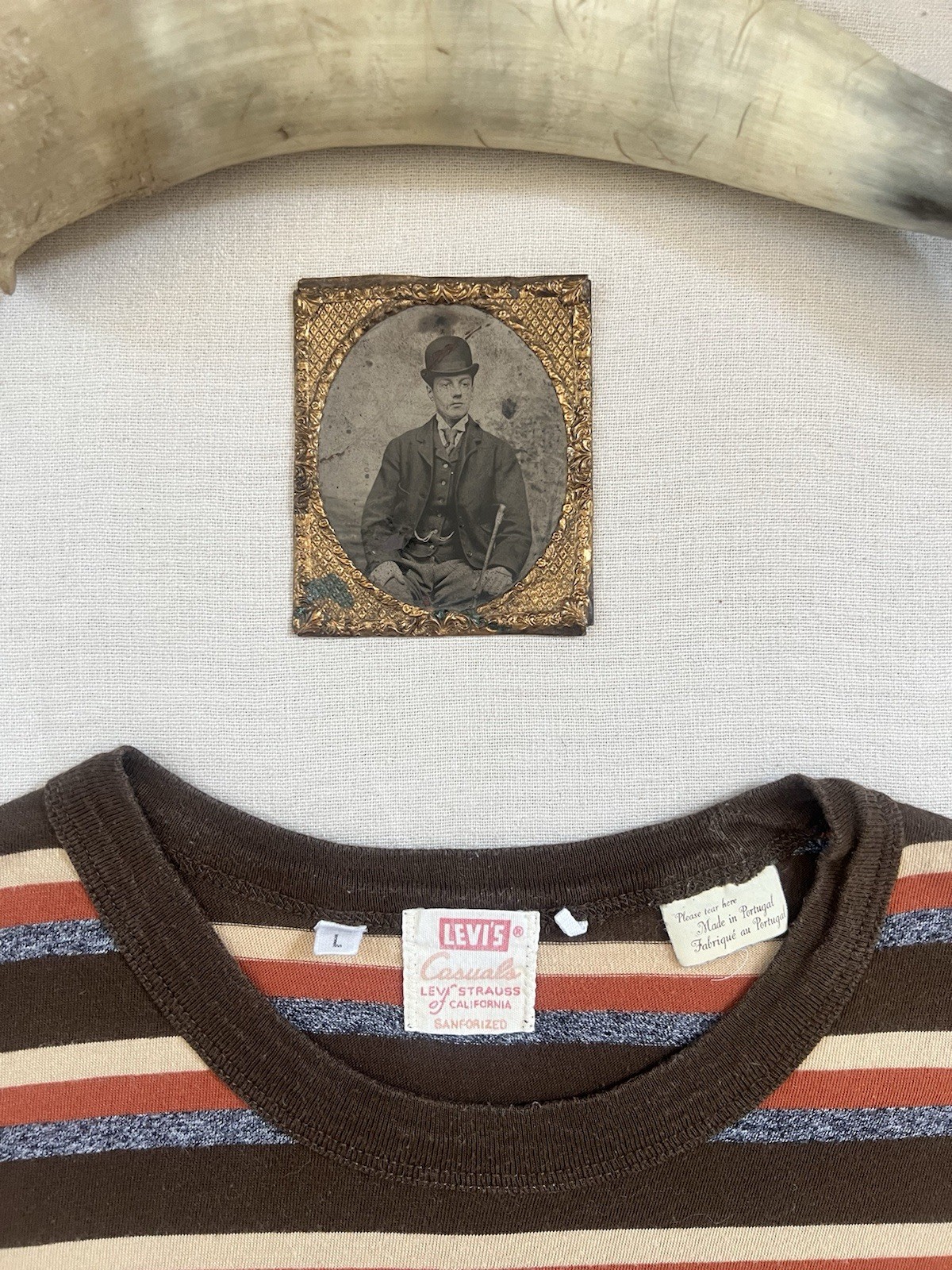 Levis LVC T-Shirt L Stripe 60s Casuals Brown Grey Vintage Clothing Single Stitch gallery