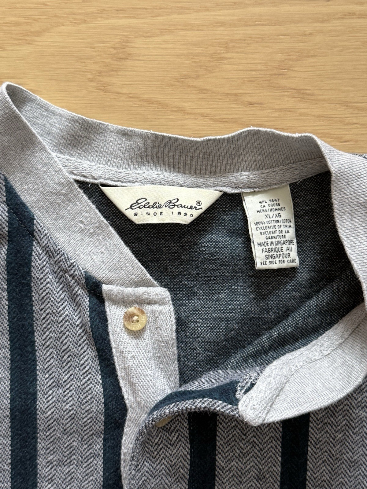 90's Eddie Bauer Herringbone Henley Long Sleeve (XL) Gray Striped Shirt Vintage gallery
