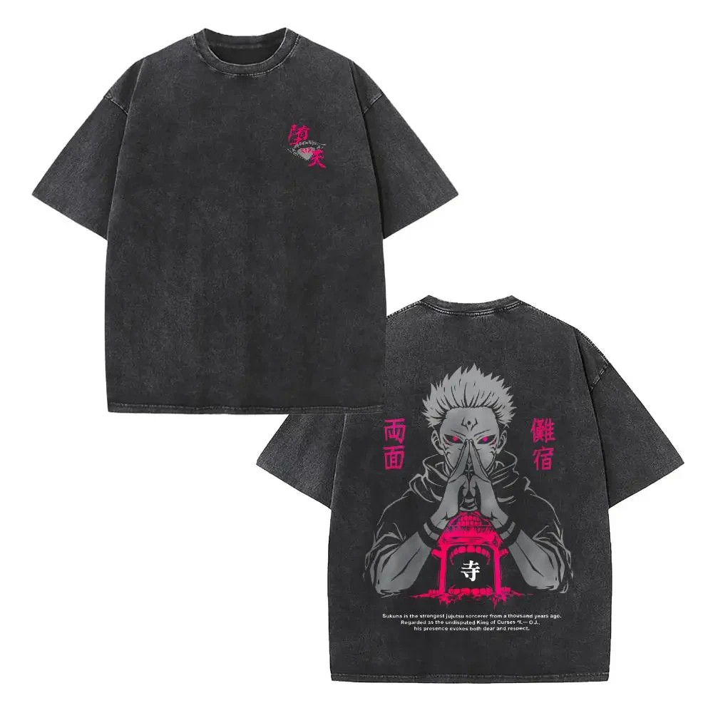 Washed T-Shirt, Double-Sided Print with Jujutsu Kaisenn Sukunna Ryomenn