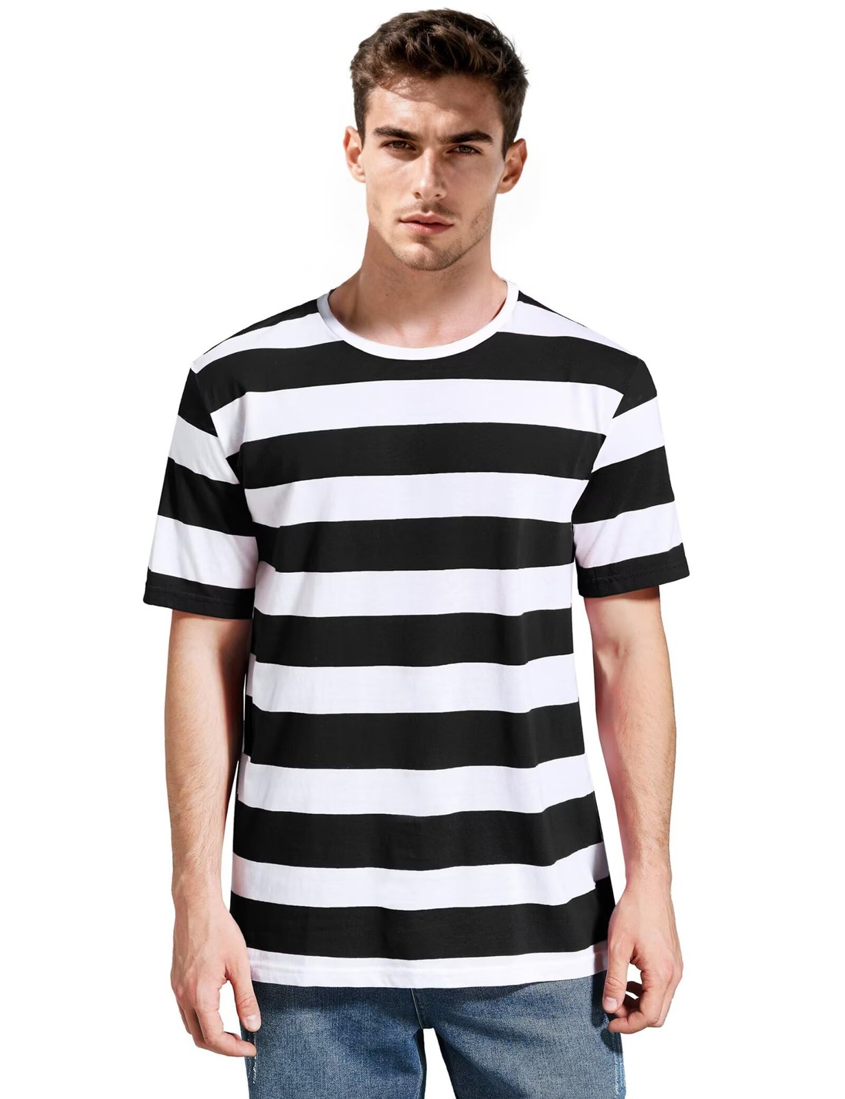 Zecmos Striped T Shirt for Men Crew Neck Slim Fit Wide Stripe Tee Cotton Top gallery
