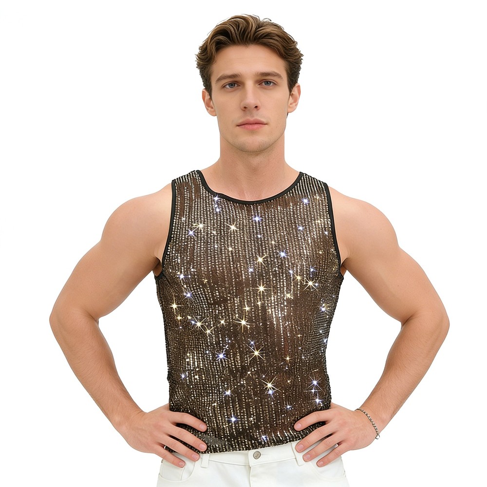 Mens Sleeveless Sequin Glittery Crop Tank Top Rhinestone Crew Neck Vest Clubwear