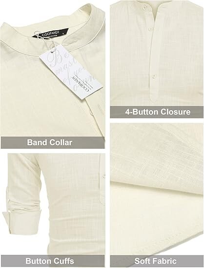 COOFANDY Men's Cotton Linen Henley T-Shirt Long Sleeve Hippie Casual Beach Beige gallery