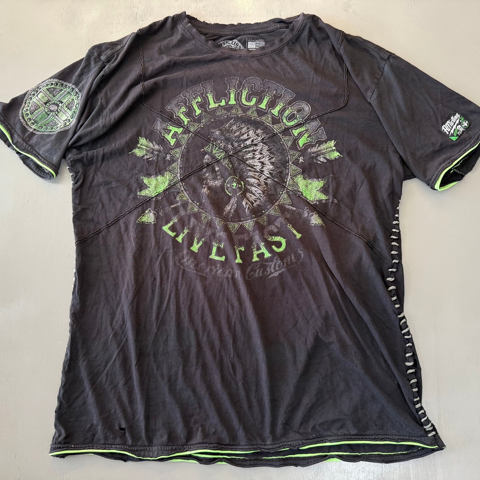 Affliction green and Black Shirt gallery