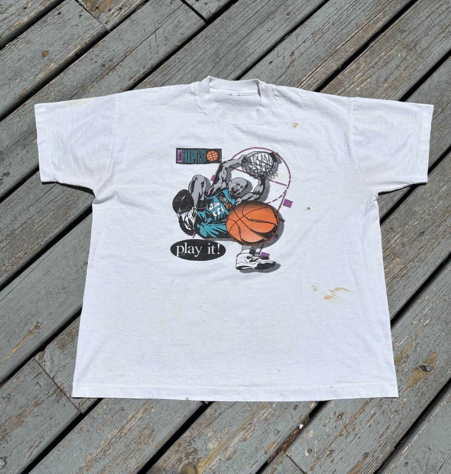 Vintage 90s Hoopfest Basketball Distressed And 1 Tee Shirt Mens Medium White gallery