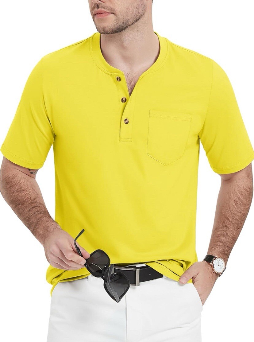 MAGCOMSEN Men's Henley Shirts Short Sleeve Pocket Tee Shirts Yellow Size S gallery