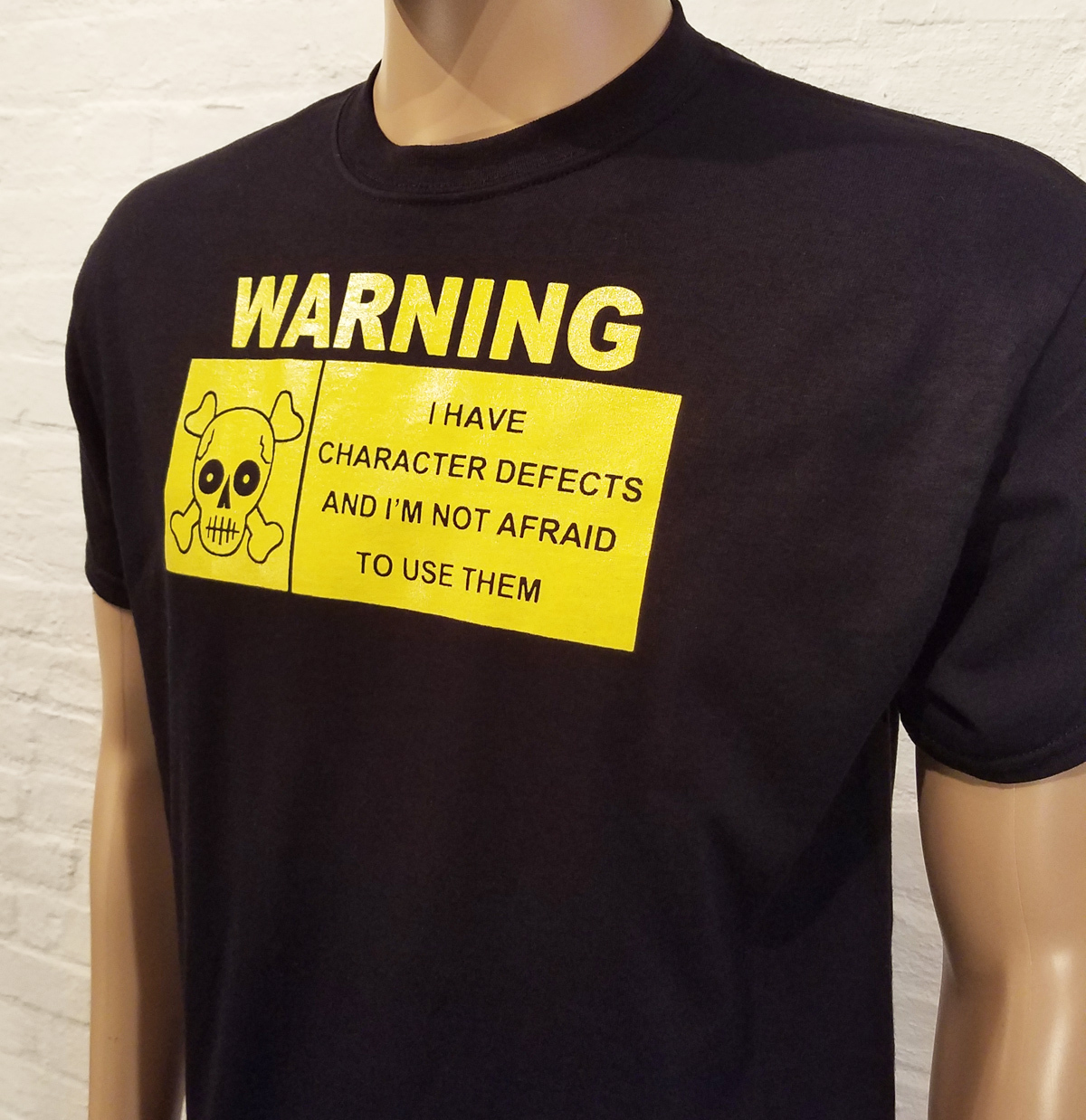 Alcoholics Anonymous - AA - WARNING I Have Defect - BLACK T-Shirt w/ YELLOW Ink gallery