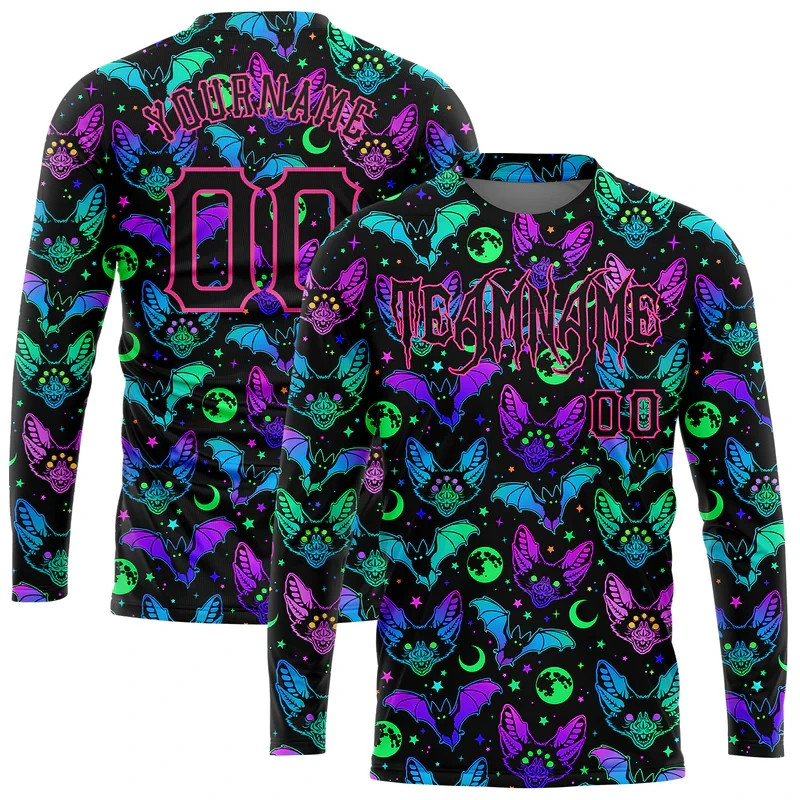 Pattern Bright Multicolored Halloween Bats Long Sleeve 3D T-Shirt Custom HS695