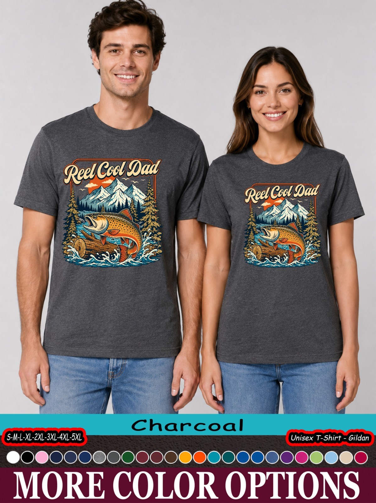Reel Cool Dad Jumping Trout Fishing T-Shirt, Mountain Lake Gift gallery