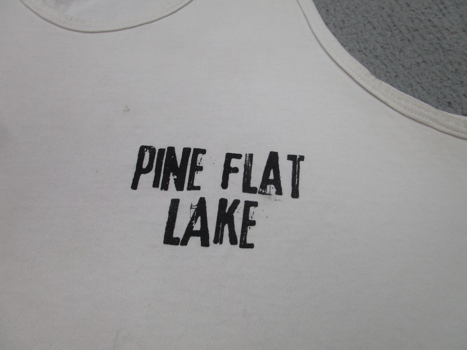 VINTAGE Pine Flat Lake Shirt Mens XL White Grunge Fisherman Tank Top Boat Marina gallery