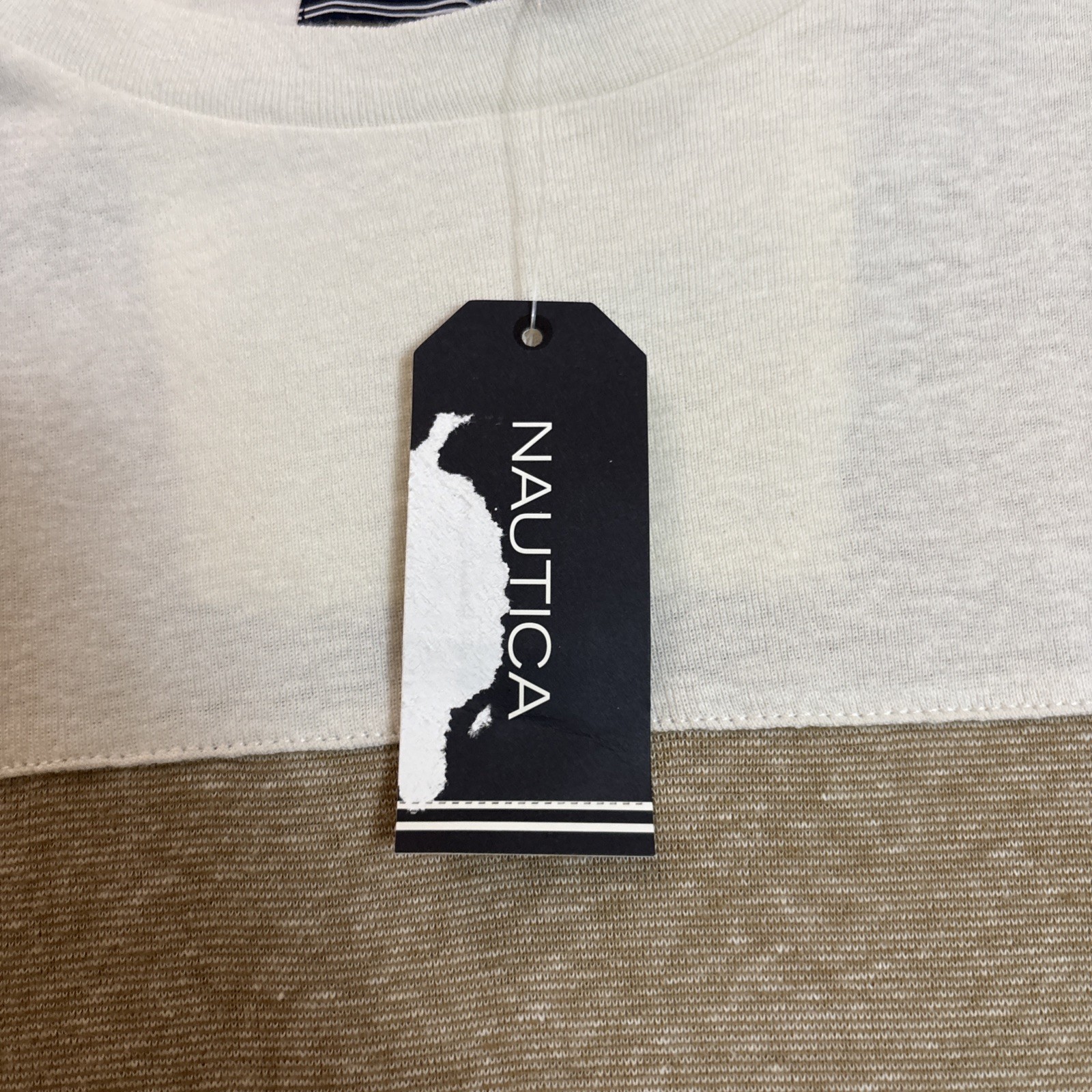 NWT Nautica Mens L Cream/Tan Color Block Short Sleeve Cotton/Linen Blend T-Shirt gallery