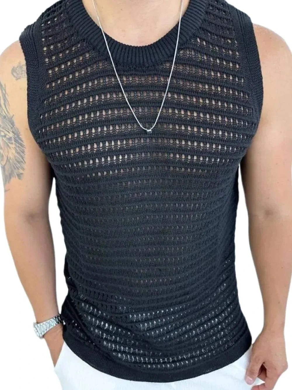 Ivory Round Neck Hollow Out Sleeveless Knit Men's Top gallery