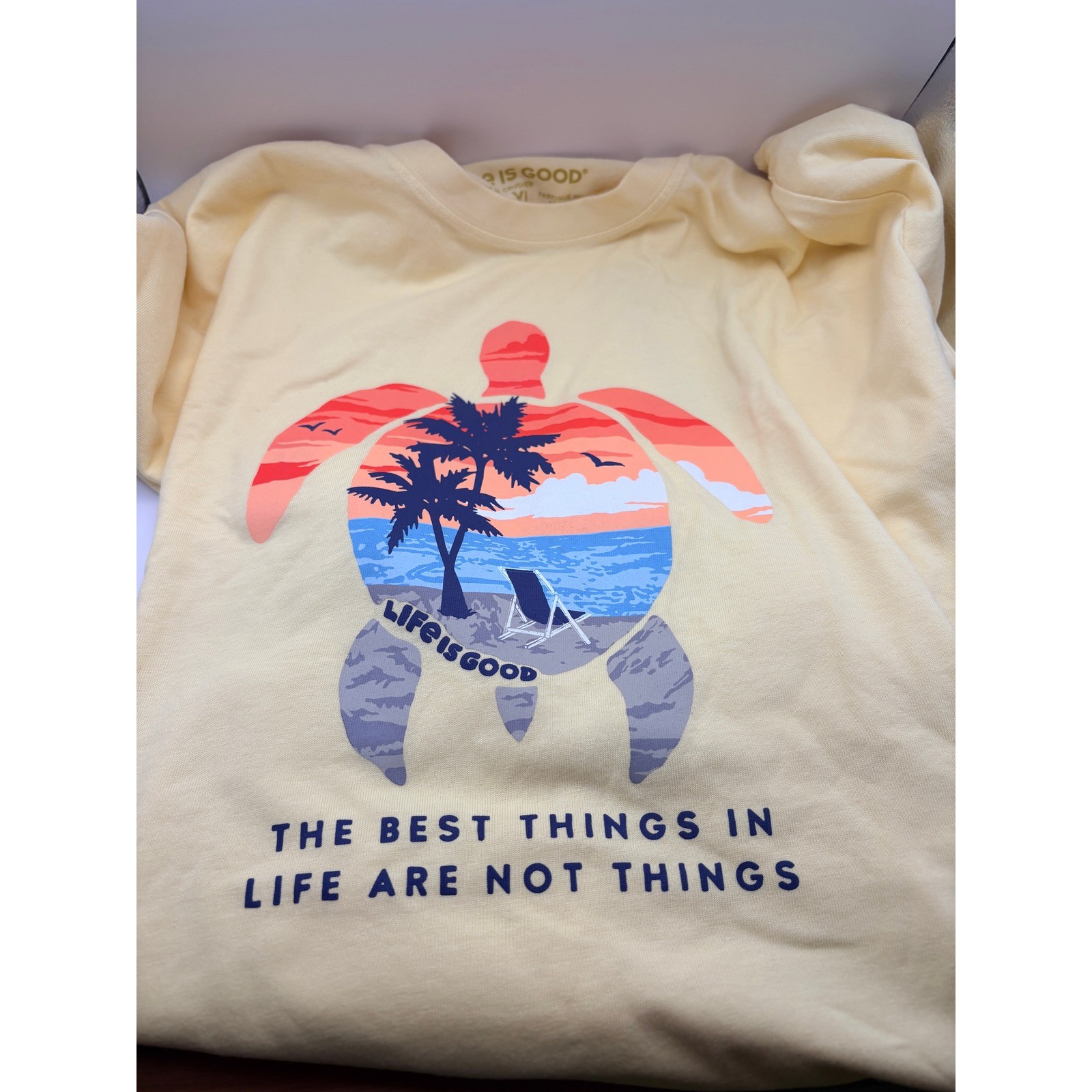 Life is Good Mens XL Crusher Tee Yellow Sea Turtle Tropical Beach Sunset NWT gallery