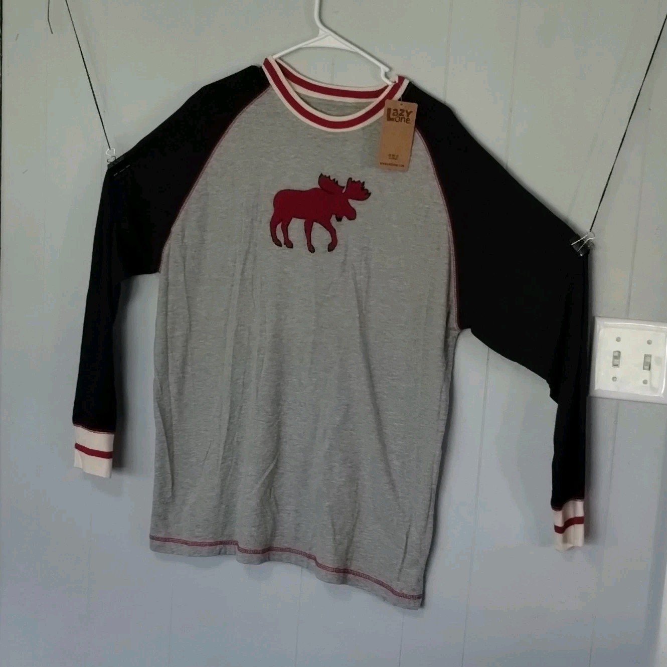 Lazy One Men's XL Gray/Black Raglan Long Sleeve Crew Neck Embroidered Moose Tee gallery