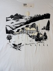 Vintage Single Stitch Flocked Winter Farm Scene Graphic T Shirt XL USA Rare