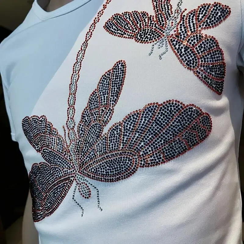 New Men Luxury Rhinestones Dragonfly Fashion Black White T-Shirt High Quality gallery