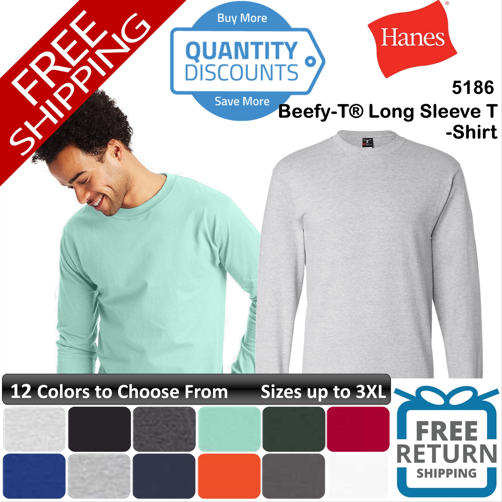 Hanes Men Beefy-t Long Sleeve Ring-spun Cotton & Blends T-shirt Up To 3XL 5186 gallery