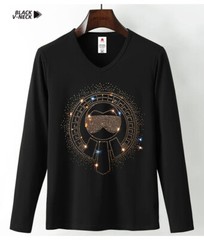 Fashion Trend Character Rhinestone Long Sleeve Luxury Men V-Neck T-Shirt