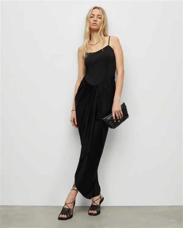 All Saints Womens Draped Midi Dress Sleeveless Slim Square Neck Gathered Skirt gallery