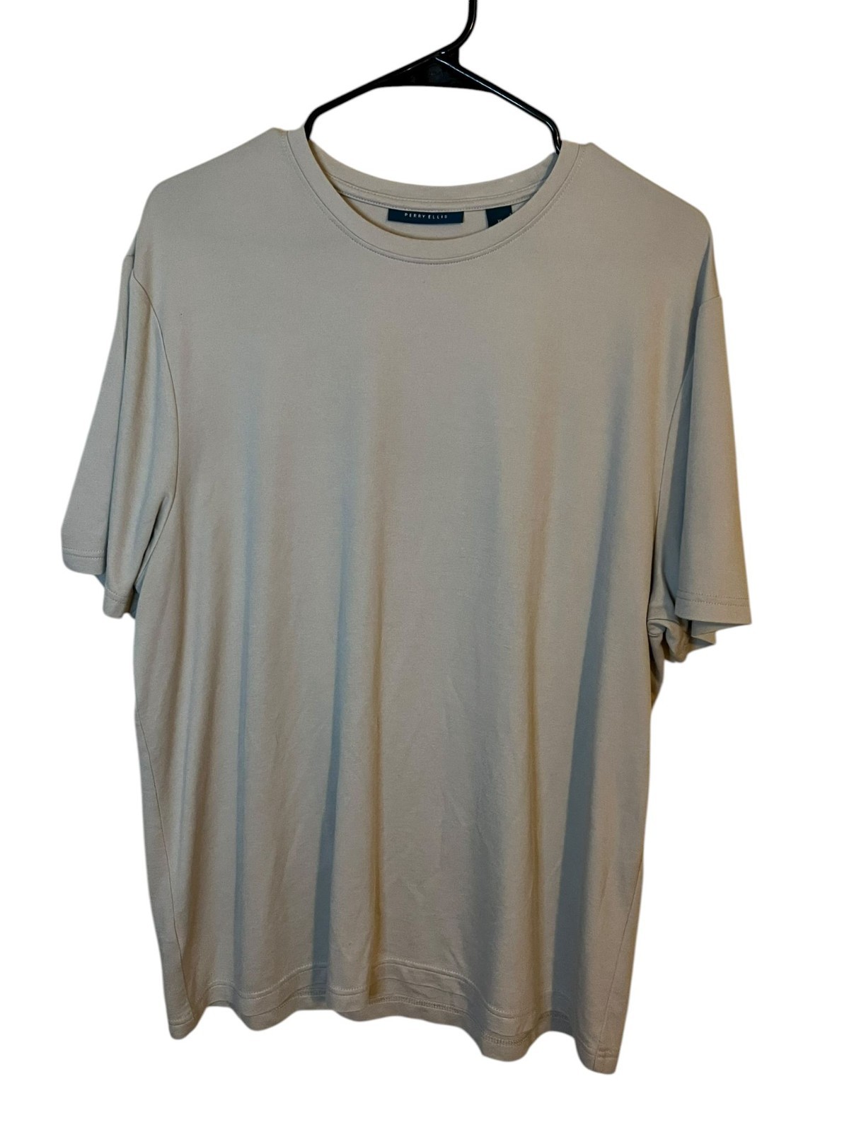 Perry Ellis Mens XL Beige Short Sleeve T‑Shirt Rayon Blend